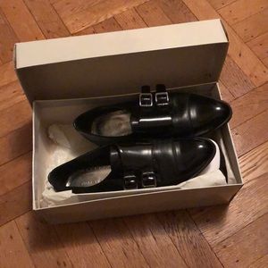 Marc Fisher Pointed Black Loafers with Buckle